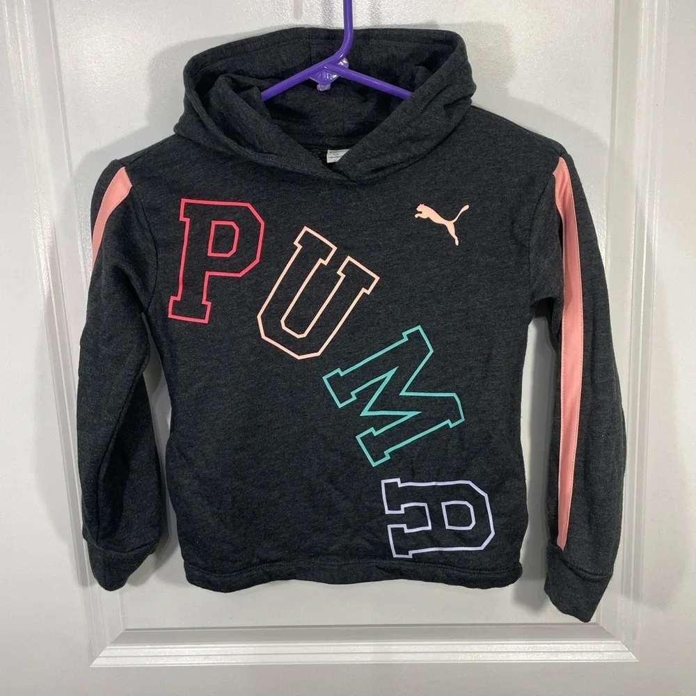 Puma Kids Dark Gray Hoodie with Colorful Lettering Size 7 CB-112